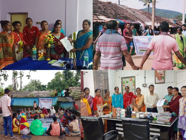 collage of images showing people in groups and handing over documents