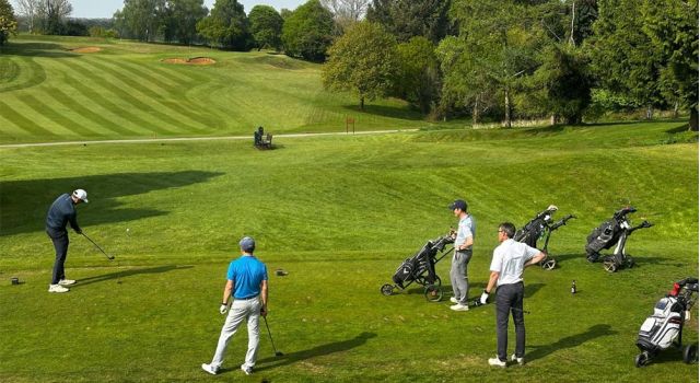 Four golfers out on the green three watching one take a shot