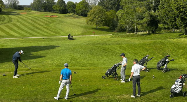 Four golfers out on the green three watching one take a shot
