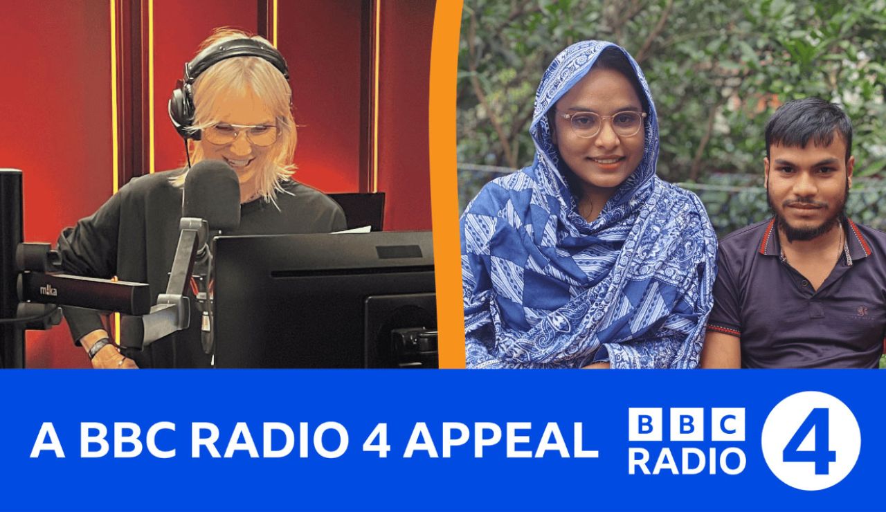 A woman recording in a radio studio alongside an image of a woman and a man sitting together outside. BBC Radio 4 Appeal logo