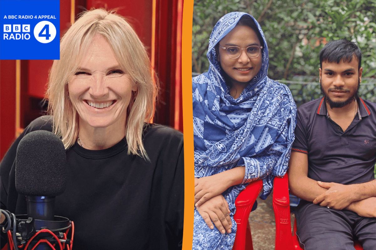 A woman recording in a radio studio alongside an image of a woman and a man sitting together outside. BBC Radio 4 Appeal logo